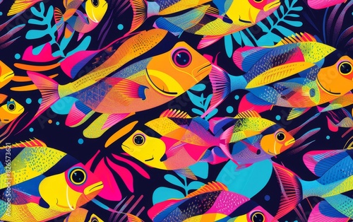 Wallpaper Mural A vibrant, abstract illustration featuring colorful tropical fish swimming against a dark background with leaves. Torontodigital.ca