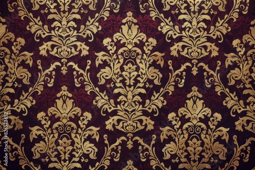 A wallpaper with an intricate, baroqueinspired damask pattern in deep burgundy and gold photo