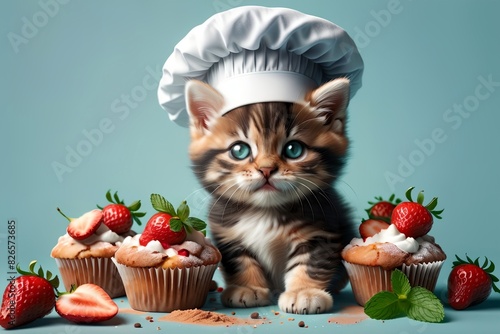 cute cat chef with berry muffins