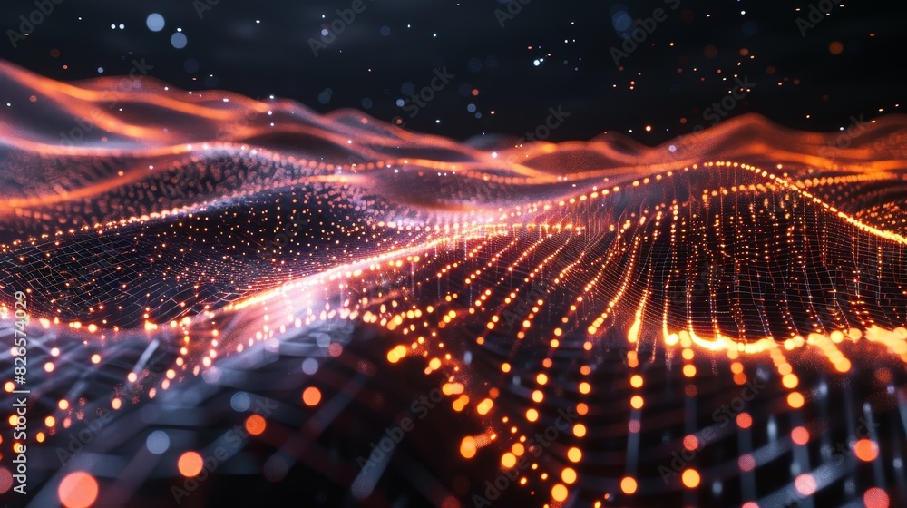 Fototapeta premium Wireframe ground stretching into the distance, with glowing orange nodes forming a dynamic and futuristic pattern. Perfect for technology and digital themes.