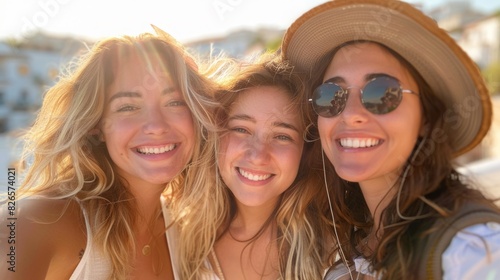 selfie photo of three women in Europe vacation. holiday together with best friends. friendship photo. © Lucianastudio