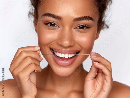 Close up of American woman s mouth with floss between white and healthy teeth   she using teeny thin piece of cotton string to brush her.  