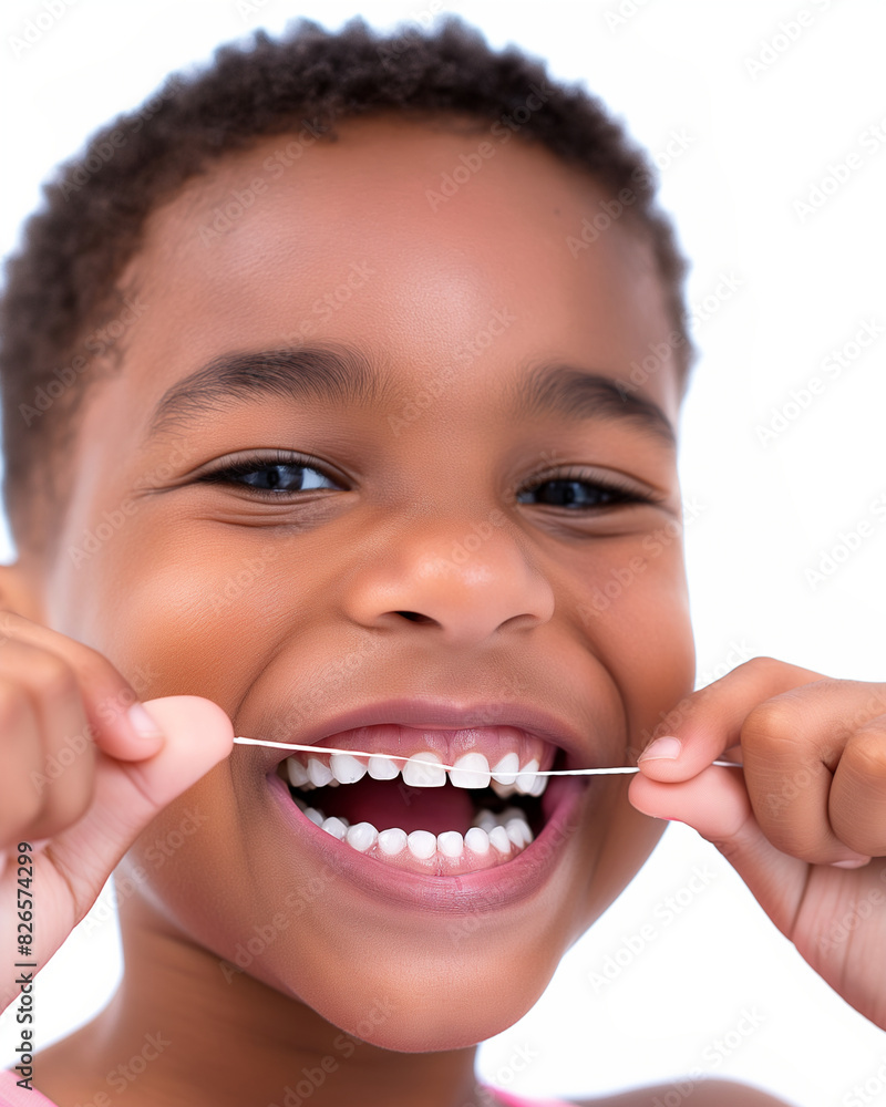 close up of a boy's mouth with floss between teeth, white tooth and healthy smile. close up of a boy's mouth with floss between teeth, white tooth and healthy smile.