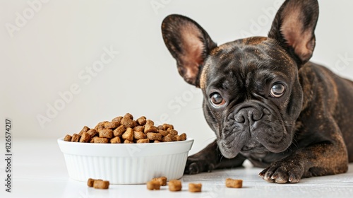 Cute black French Bulldog looking at a bowl of dog food with curiosity, highlighting the bond between pets and their meals. Generative Ai