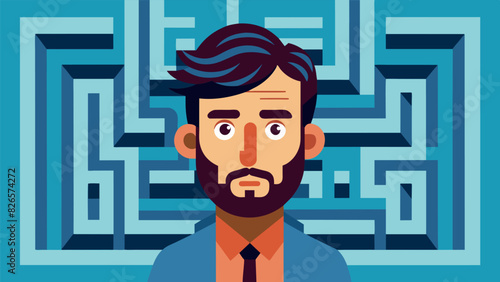 A selfportrait captures the artist within a maze symbolizing their journey of selfdiscovery and navigating through their inner complexities.. Vector illustration