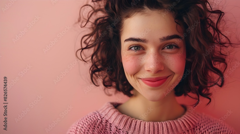 Young Curly Haired Woman Smiling with Tender Emotion and Blushing Cheeks Young Curly Haired Woman Smiling with Tender Emotion and Blushing Cheeks