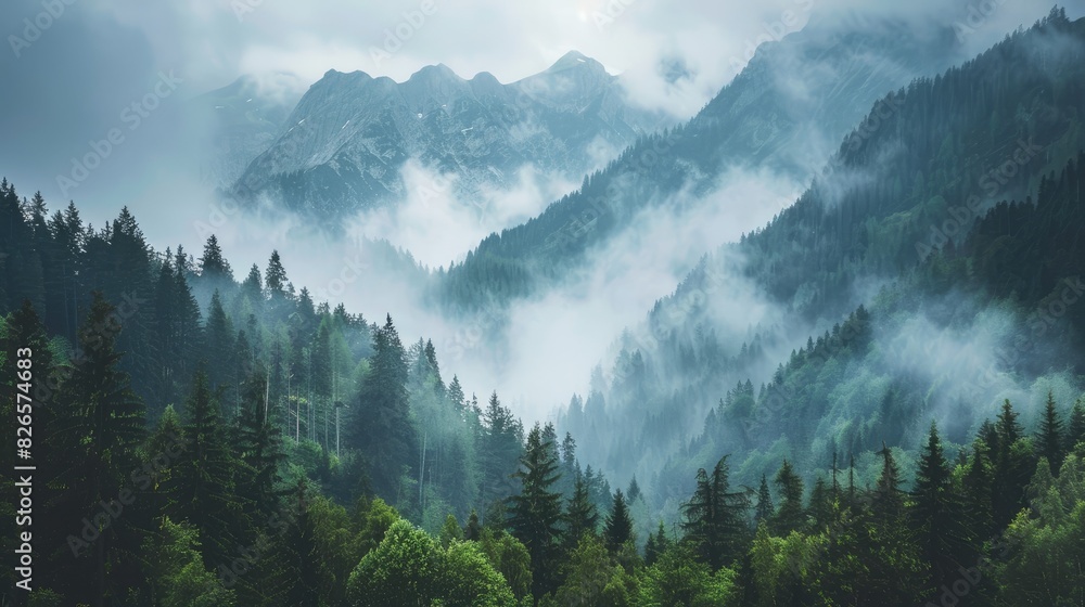 Mountains with wooded sides and summits disappearing in mist Thick mist in the mountains during an overcast day Mountains with wooded sides and summits disappearing in mist Thick mist in the mountains during an overcast day