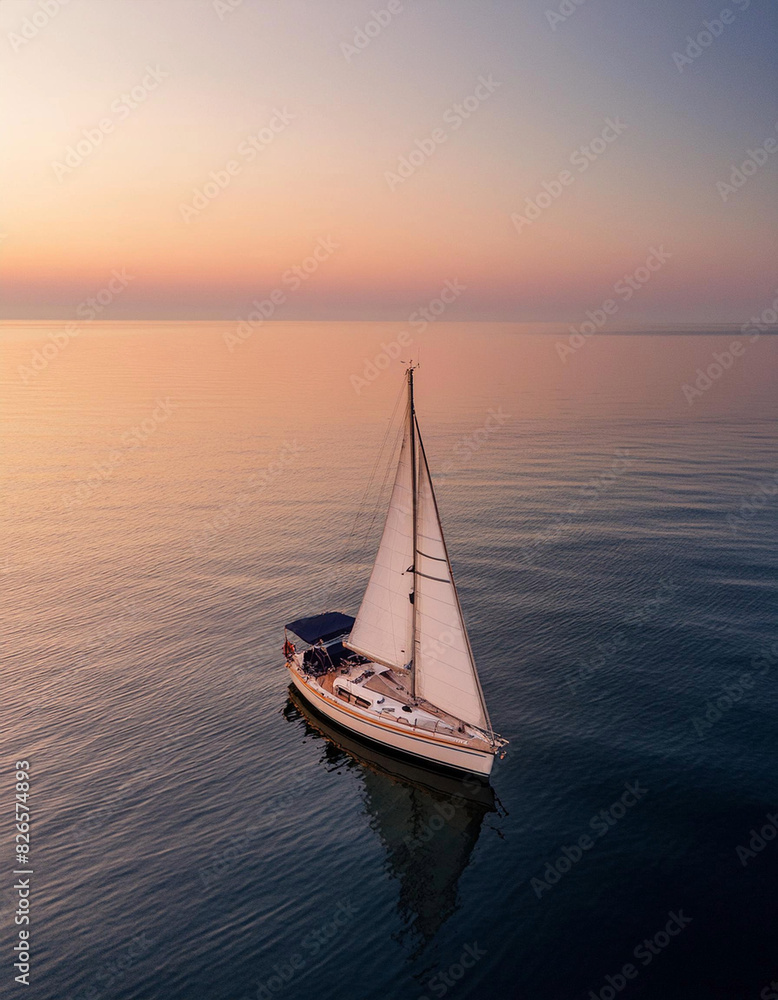 Fototapeta premium Boat on calm sea alone with beautiful light. 
