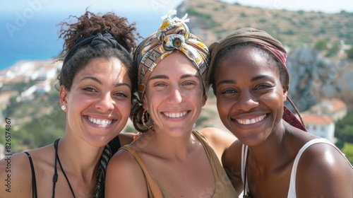 selfie photo of three women in Europe vacation. holiday together with best friends. friendship photo.