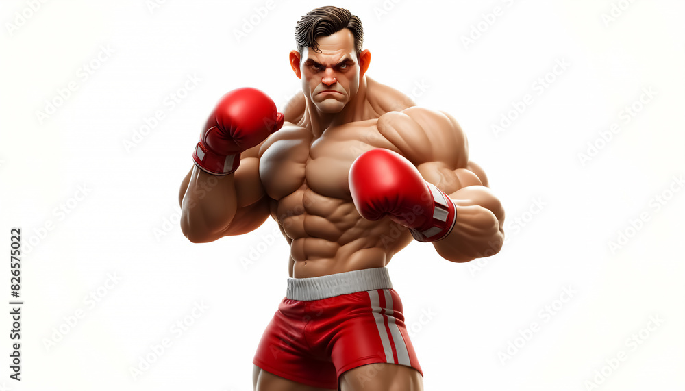 3D Caricature: Powerful Boxer in Fighting Stance with Determined Expression, 3D Cartoon Character: Animated Boxer Character with Stern Expression Prepared to Punch 3D Caricature: Powerful Boxer in Fighting Stance with Determined Expression, 3D Cartoon Character: Animated Boxer Character with Stern Expression Prepared to Punch