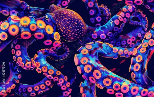 Colorful and striking digital artwork featuring multiple octopus tentacles with glowing neon hues against a dark backdrop. photo