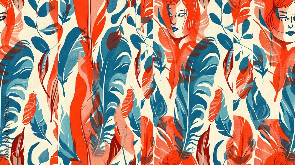 Woman with Red Hair and Blue Feathers against Red, White, and Blue Backdrop Woman with Red Hair and Blue Feathers against Red, White, and Blue Backdrop