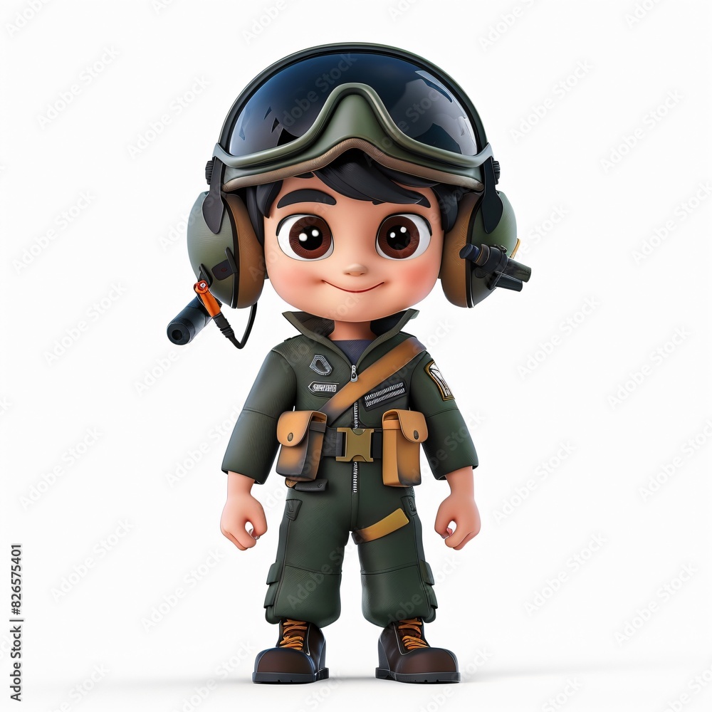 Cute Boy Cartoon in 3D Style Wearing a Fighter Pilot Suit and Pilot Helmet, Isolated on a White Background, Perfect for Aviation-Themed Children's Illustrations and Adventure Stories Cute Boy Cartoon in 3D Style Wearing a Fighter Pilot Suit and Pilot Helmet, Isolated on a White Background, Perfect for Aviation-Themed Children's Illustrations and Adventure Stories