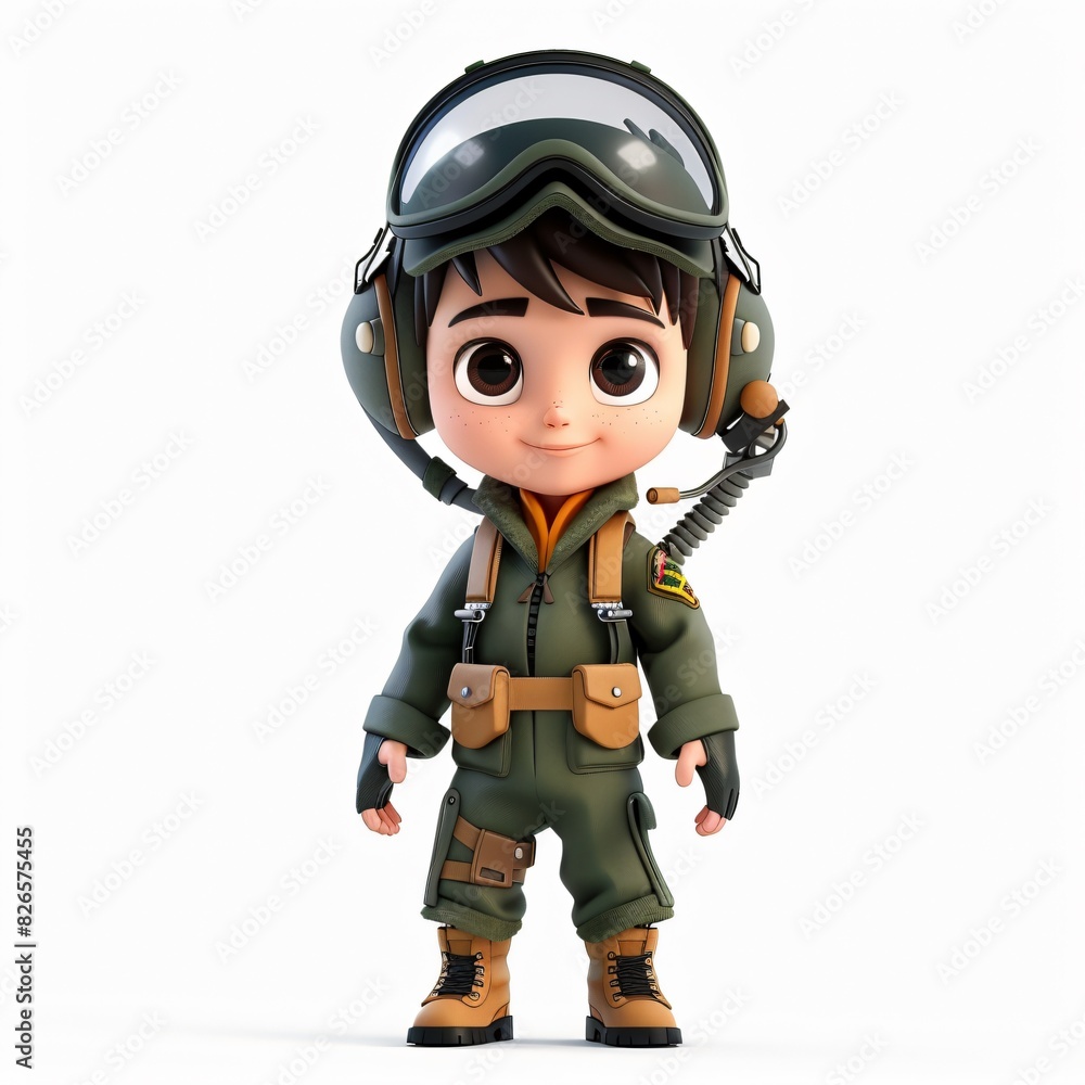 Cute Boy Cartoon in 3D Style Wearing a Fighter Pilot Suit and Pilot Helmet, Isolated on a White Background, Perfect for Aviation-Themed Children's Illustrations and Adventure Stories Cute Boy Cartoon in 3D Style Wearing a Fighter Pilot Suit and Pilot Helmet, Isolated on a White Background, Perfect for Aviation-Themed Children's Illustrations and Adventure Stories