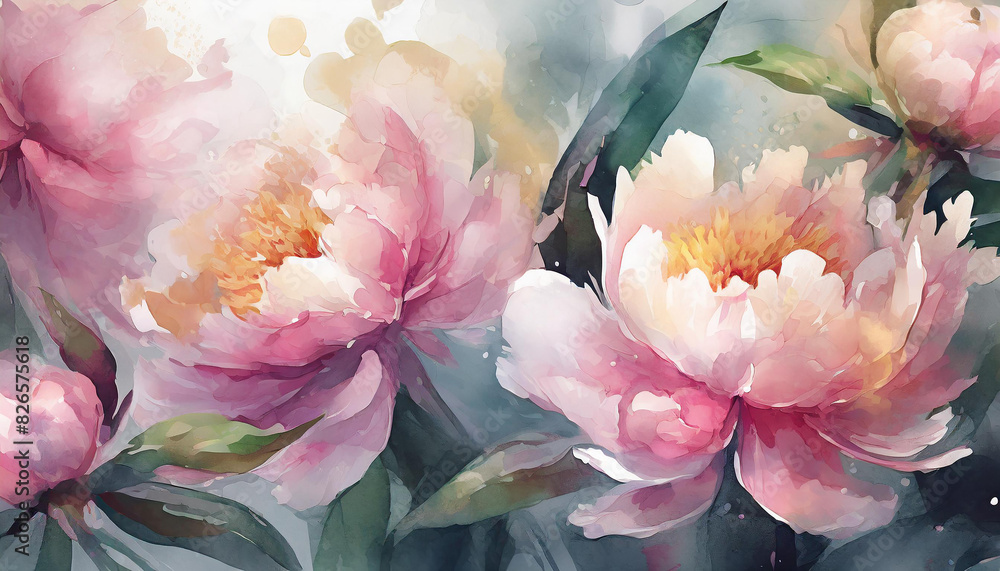 Beautiful watercolor digital illustration close up of Peony flowers, wet painting floral bouquet