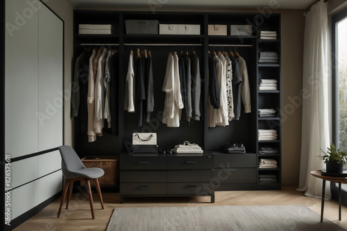 Modern black wardrobe with organized clothing and accessories in a stylish  well-lit dressing room