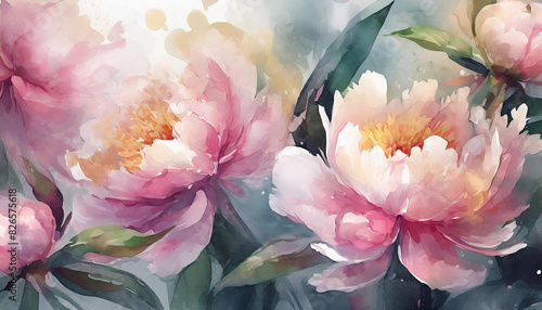 Obraz na płótnie Beautiful watercolor digital illustration close up of Peony flowers, wet painting floral bouquet w salonie