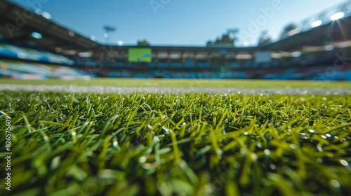 Close-up view of lush green grass on a sports field under bright sunlight in an empty stadium. Generative Ai.