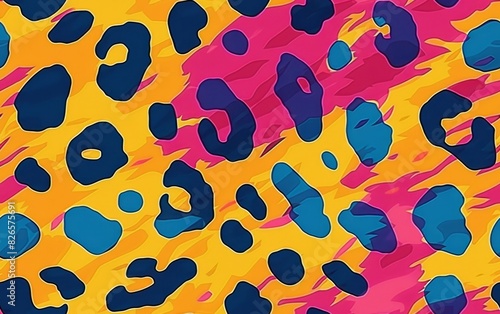 A colorful, abstract leopard print pattern with vivid yellow, pink, and blue tones.