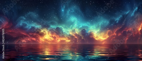 Wave background. Aquamarine auroras shimmer in the night sky, their light beautifully reflected in the tranquil waters.