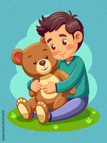 A heartwarming image of a teddy bear cuddling with a child