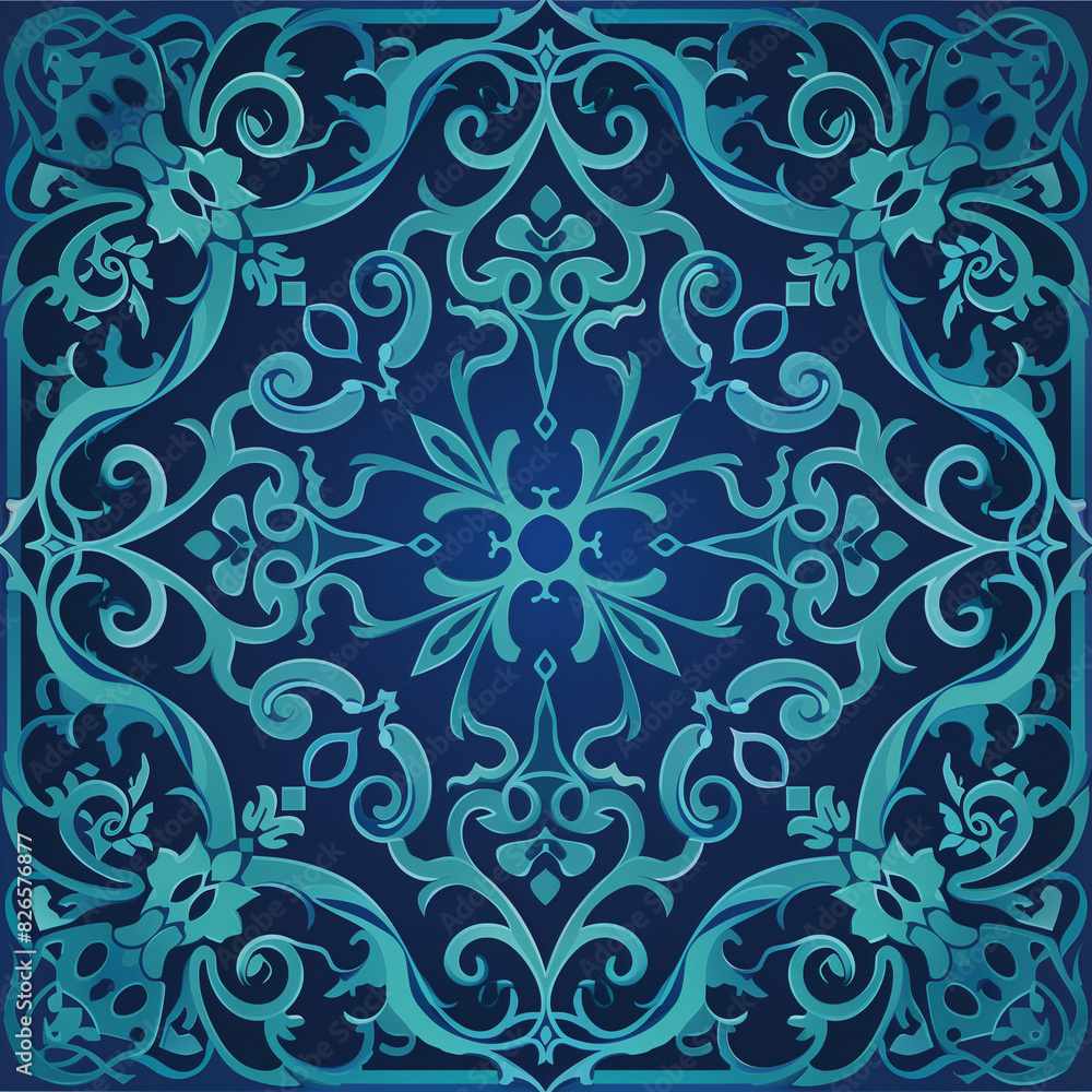 A square pattern of an Arabic ornament in blue tones, in the center there is a large and complex motif with swirls and floral elements, around it is smaller patterns that connect to create a symmetric A square pattern of an Arabic ornament in blue tones, in the center there is a large and complex motif with swirls and floral elements, around it is smaller patterns that connect to create a symmetric