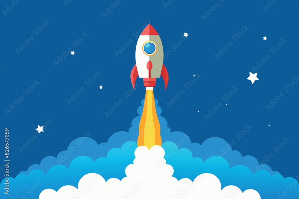 Stylized illustration of a rocket taking off into space. It is painted ...