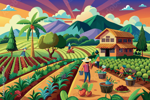 Illustration of a bright and colorful farm with several people engaged in various agricultural activities. The image features a hut, fields with rows of cultivated plants, mountains in the background 