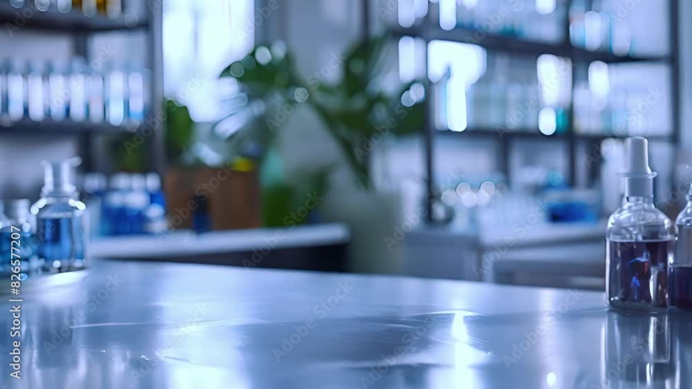 A modern laboratory with blue liquid samples in glass bottles on a counter, featuring well-organized shelves and indoor plants, illuminated by daylight. A modern laboratory with blue liquid samples in glass bottles on a counter, featuring well-organized shelves and indoor plants, illuminated by daylight.