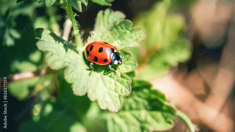 Fototapeta premium A ladybug perched atop a verdant foliage plant, surrounded by an array of lush leaves