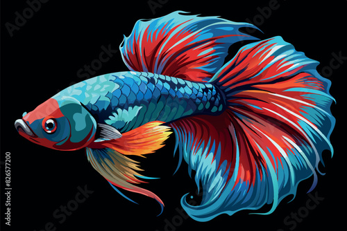 brightly colored fighting fish (Betta fish). Its scales and fins combine bright colors: blue, red and yellow.