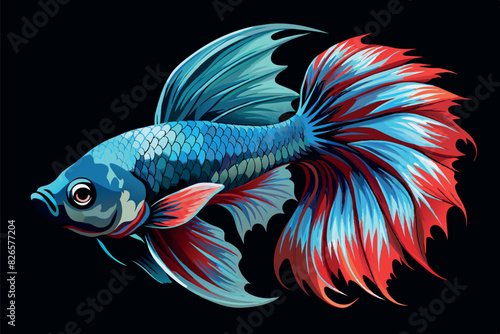 brightly colored fighting fish (Betta fish). Its scales and fins combine bright colors: blue, red and yellow.