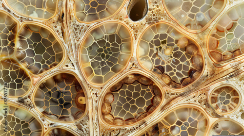Cross-section of a plant stem under magnification, displaying vascular bundles and tissues for water and nutrient transport photo