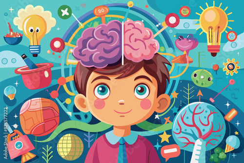 Illustration of bright colors with a child's head in the center, around the head are various symbols and objects representing creativity, learning and intellectual activity - light bulbs, brain symbol