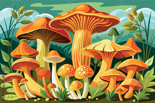  A multitude of mushrooms of different shapes and sizes against a background of green foliage. They range from tall and slender to short and dense, with caps that may be smooth or covered with spots. 