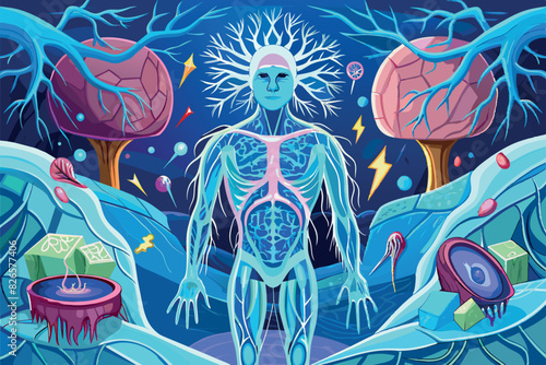 The painting depicts a stylized diagram of the human nervous and circulatory systems, with an emphasis on the brain.