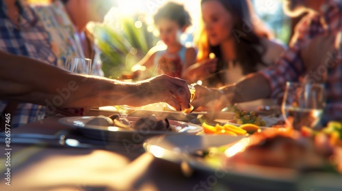 A close-up of a family table during a meal, focusing on the hands of family members of different ages passing dishes and sharing food. The background shows the blurred outlines of photo