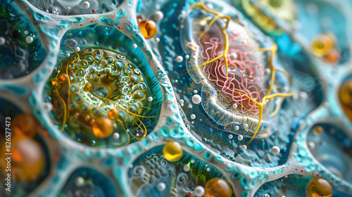 Microscopic view of plant cell organelles, including the endoplasmic reticulum and Golgi apparatus involved in protein synthesis and transport photo