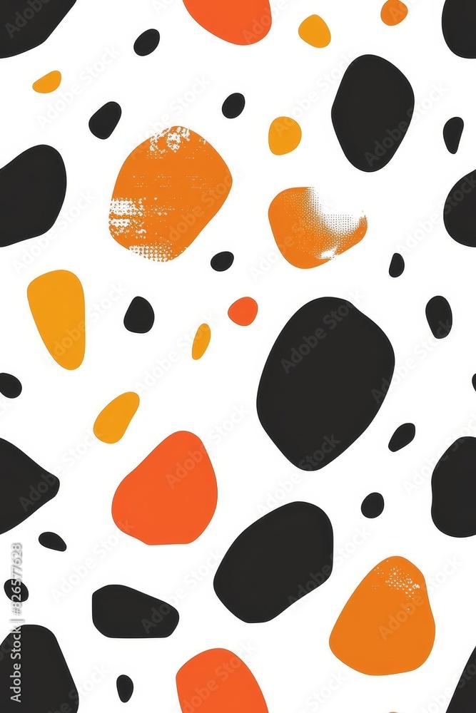 Fototapeta premium A modern abstract pattern with black, orange, and yellow irregular shapes on a white background.