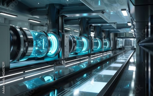 Produce a futuristic, sleek, and innovative water purification system design suitable for a sci-fi movie, in a CG 3D style
