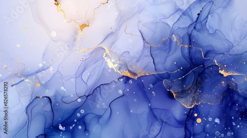 abstract background with alcohol ink painting  royal blue and white tones with gold cracks  gold leaves  abstract fluid art