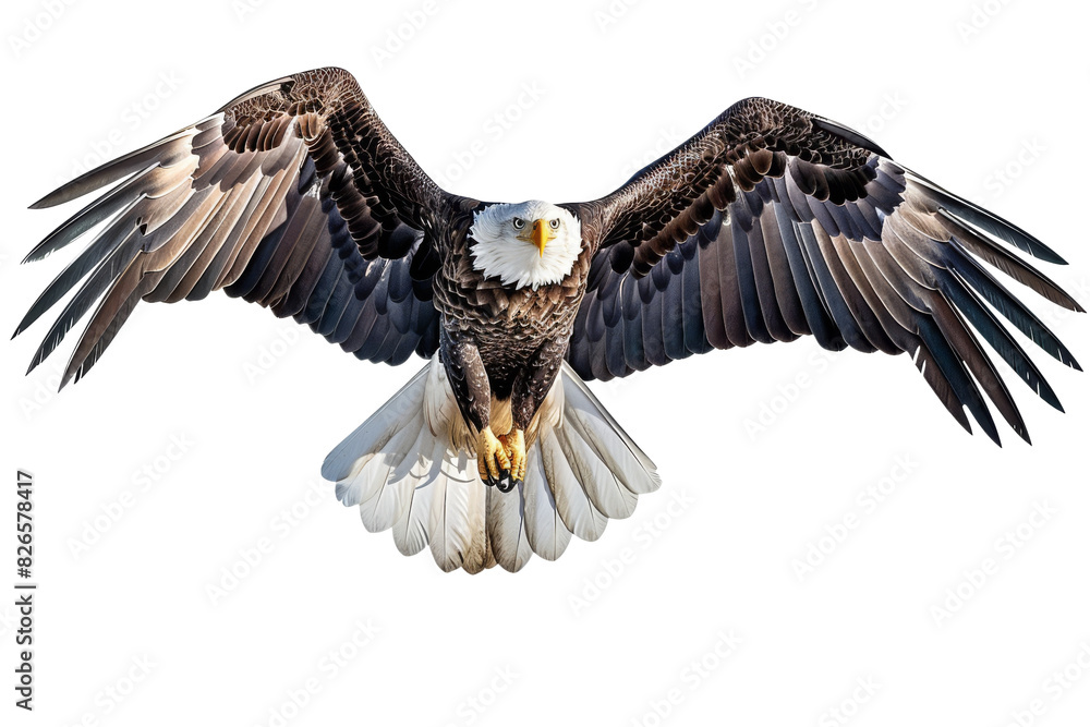 Naklejka premium Majestic bald eagle in flight against a transparent sky