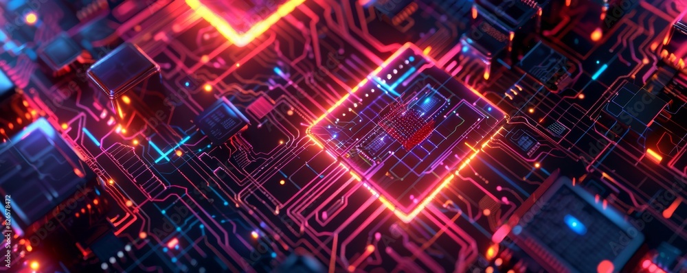 Design a futuristic quantum computing chip, featuring complex circuitry and glowing elements, rendered in a sleek digital style Design a futuristic quantum computing chip, featuring complex circuitry and glowing elements, rendered in a sleek digital style