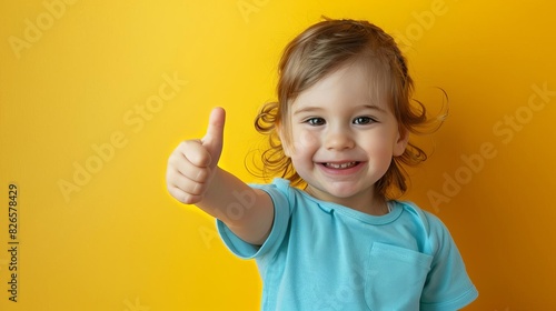 adorable toddler giving thumbs up on bright yellow background cheerful child portrait