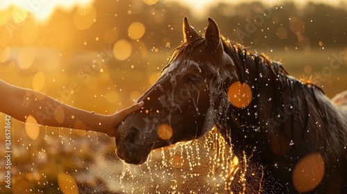 Horse receiving a bath with water spraying on its face at sunset