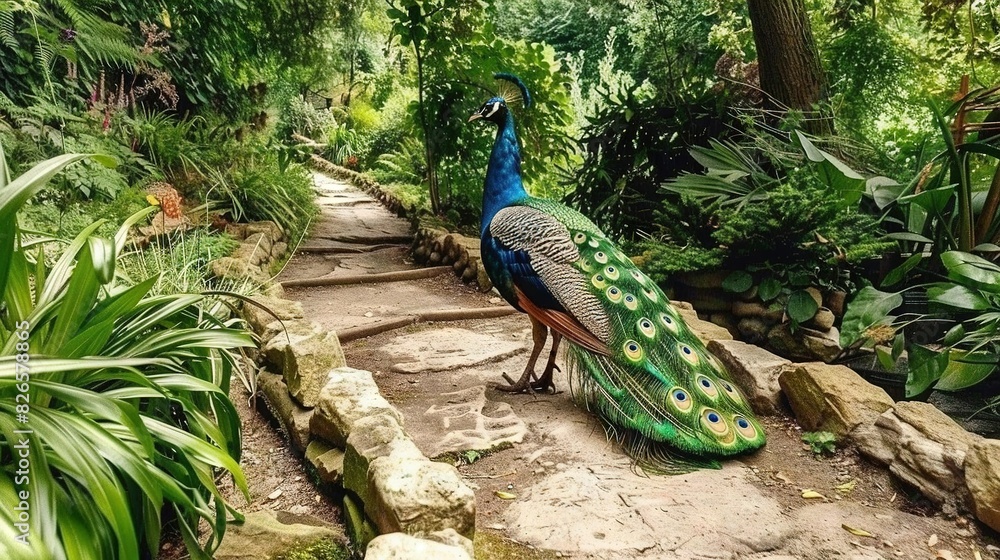 Obraz premium A majestic peacock perched atop a dusty road, surrounded by a verdant forest teeming with trees and foliage