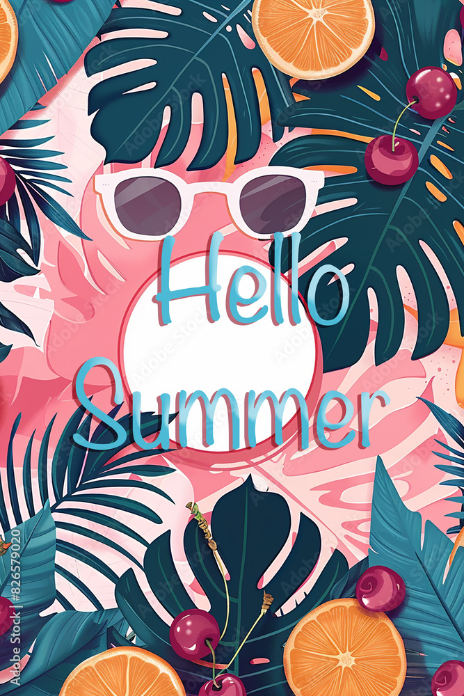 Hello summer, sunny summer poster card with bright exotic fruits and tropical leaves