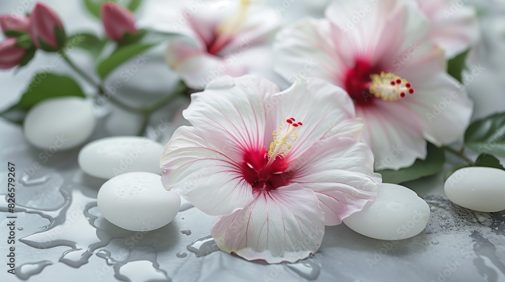 spa still life with pink flowers,Hibiscus flowers decorate the background