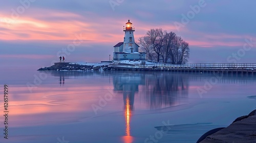   A light house sits on water's edge, with pier in fg & pink blue sky in bg photo