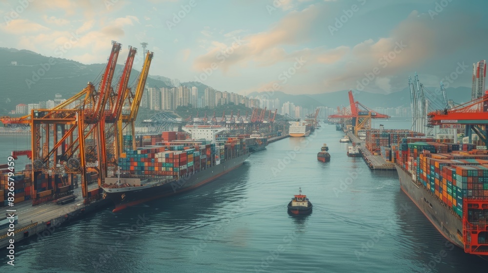 Obraz premium A bustling global shipping port with container cranes lifting cargo ships in and out of the water.